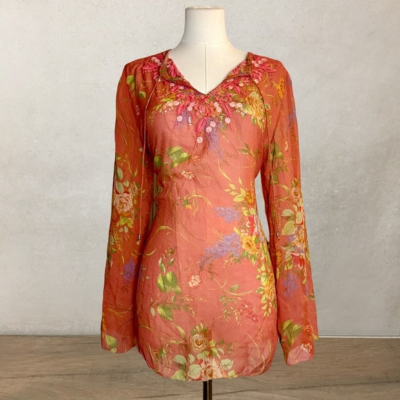 CAbi Tops - 100% Silk Fairycore Blouse Small Beaded Y2K Sheer Cabi